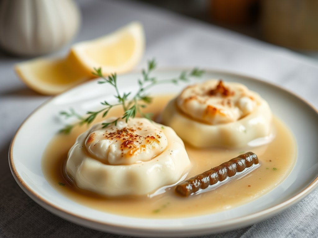 Krachtige bouillon met quenelles van koolvis en dragon, AI-gegenereerde illustratie