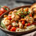 Krieltjes met kip, paprika, ui en boontjes — AI-gegenereerde illustratie