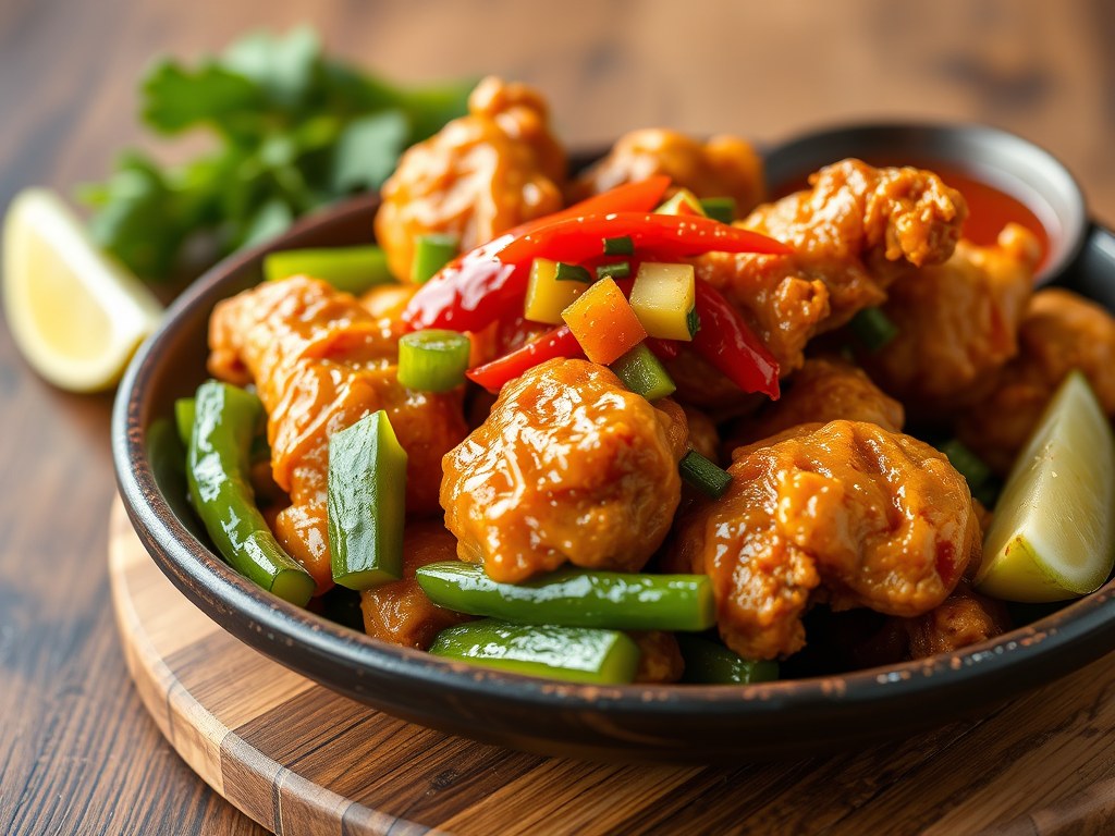 Krokante Kip met Ananas-Chili saus, AI-gegenereerde illustratie