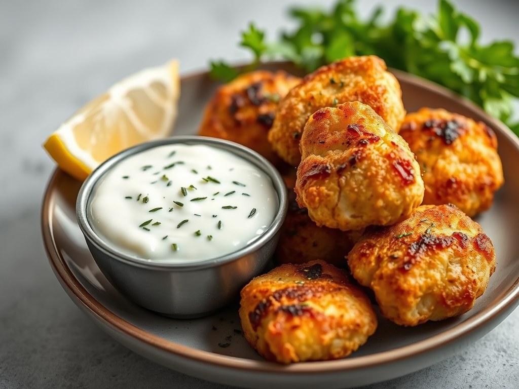 Krokante kippennuggets met knoflook-yoghurtsaus, AI-gegenereerde illustratie