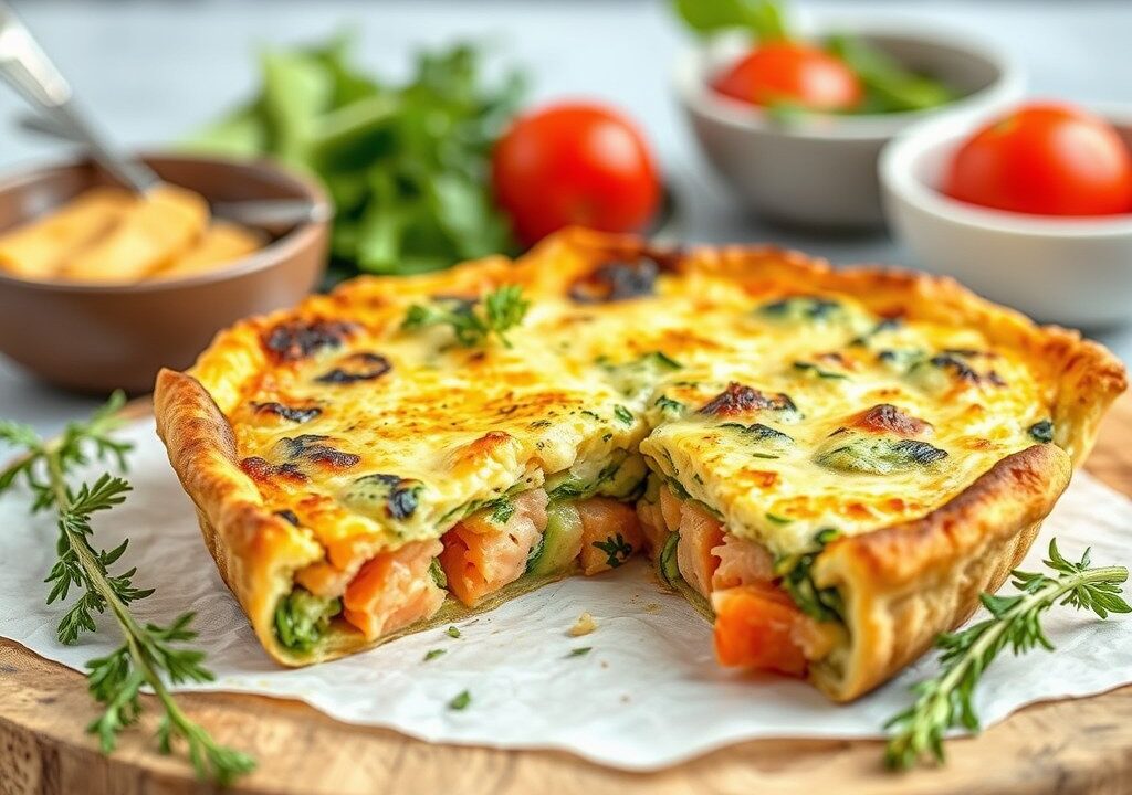 Krokante zalm-courgettequiche, AI-gegenereerde illustratie