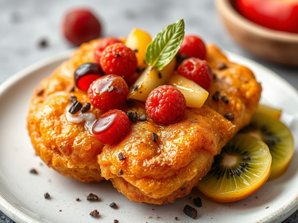 Krokantje van vers fruit, AI-gegenereerde illustratie