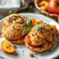 Krokantjes met crottin de Chavignol en nectarine, salade met pijnboompitten