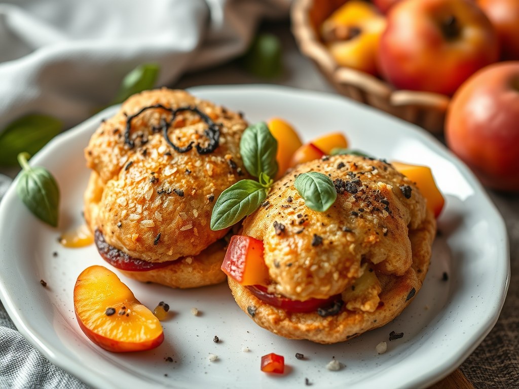 Krokantjes met crottin de Chavignol en nectarine, salade met pijnboompitten, AI-gegenereerde illustratie