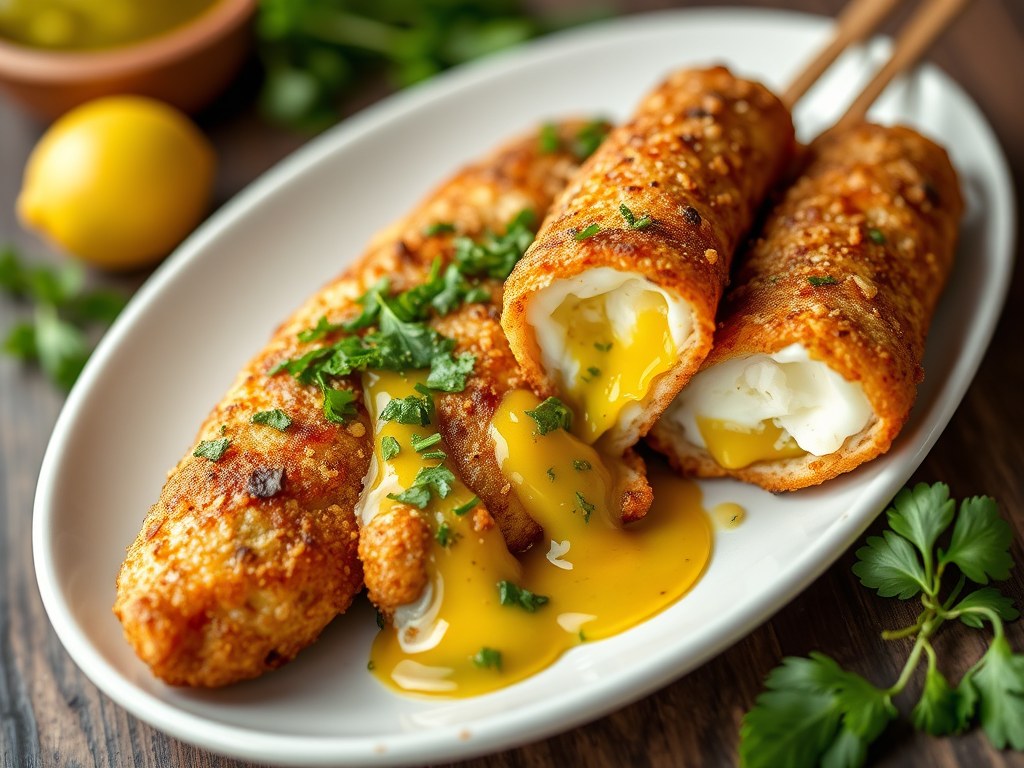 Kroketten van mozzarella met olijvensalsa, AI-gegenereerde illustratie