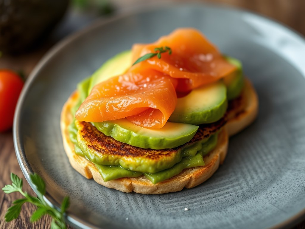 Kruidenblini’s met avocado en zalm, AI-gegenereerde illustratie