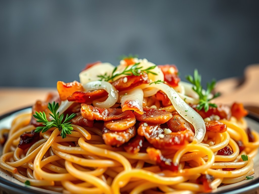 Kwartels met bier op een bedje van pasta en ui, AI-gegenereerde illustratie