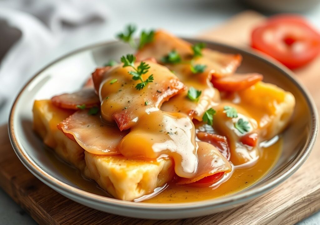 Kwartels met ham en saus van oesterzwammen, AI-gegenereerde illustratie
