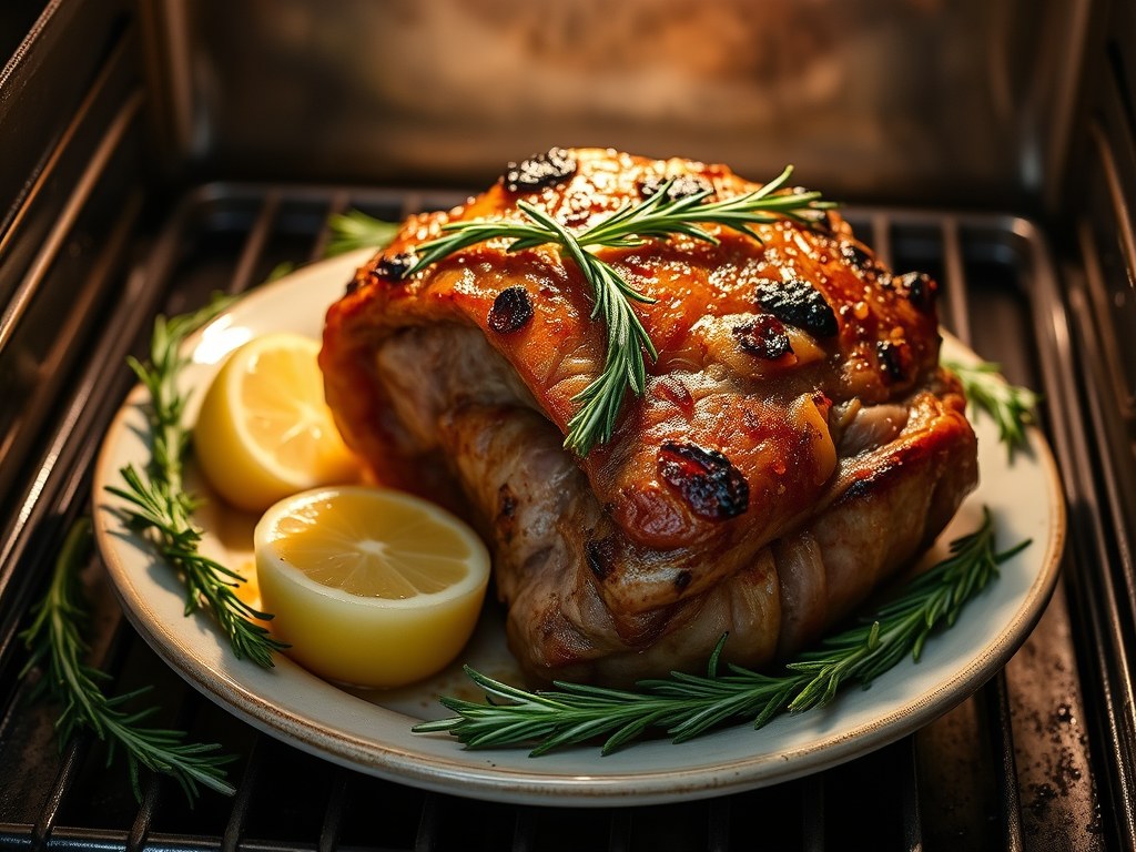 Lams- of schapenbout met rozemarijn in de oven, AI-gegenereerde illustratie
