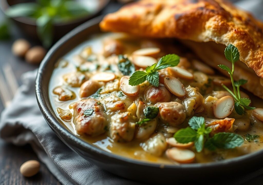 Lamsbout in persillade met een gratin van raapjes — AI-gegenereerde illustratie