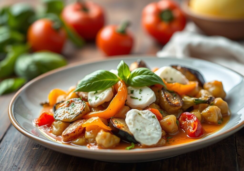 Lamsbout met auberginekaviaar, paprika en geitenkaas, AI-gegenereerde illustratie