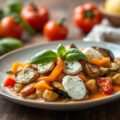 Lamsbout met auberginekaviaar, paprika en geitenkaas