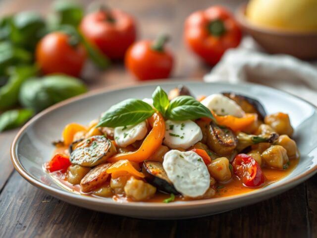 Lamsbout met auberginekaviaar, paprika en geitenkaas — AI-gegenereerde illustratie