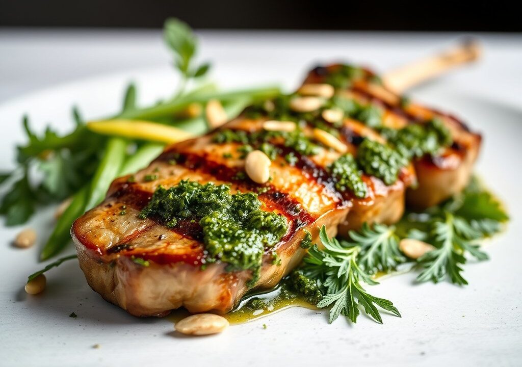 Lamsbout van de Grill met Amandel – Munt – Pesto, AI-gegenereerde illustratie