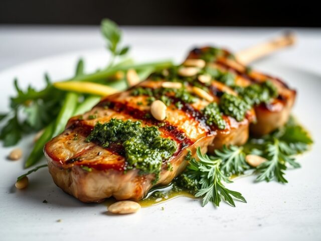 Lamsbout van de Grill met Amandel – Munt – Pesto — AI-gegenereerde illustratie