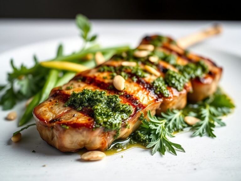 Lamsbout van de Grill met Amandel – Munt – Pesto — AI-gegenereerde illustratie