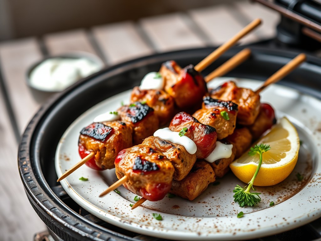 Lamsbrochettes met yoghurt en muntolie, AI-gegenereerde illustratie