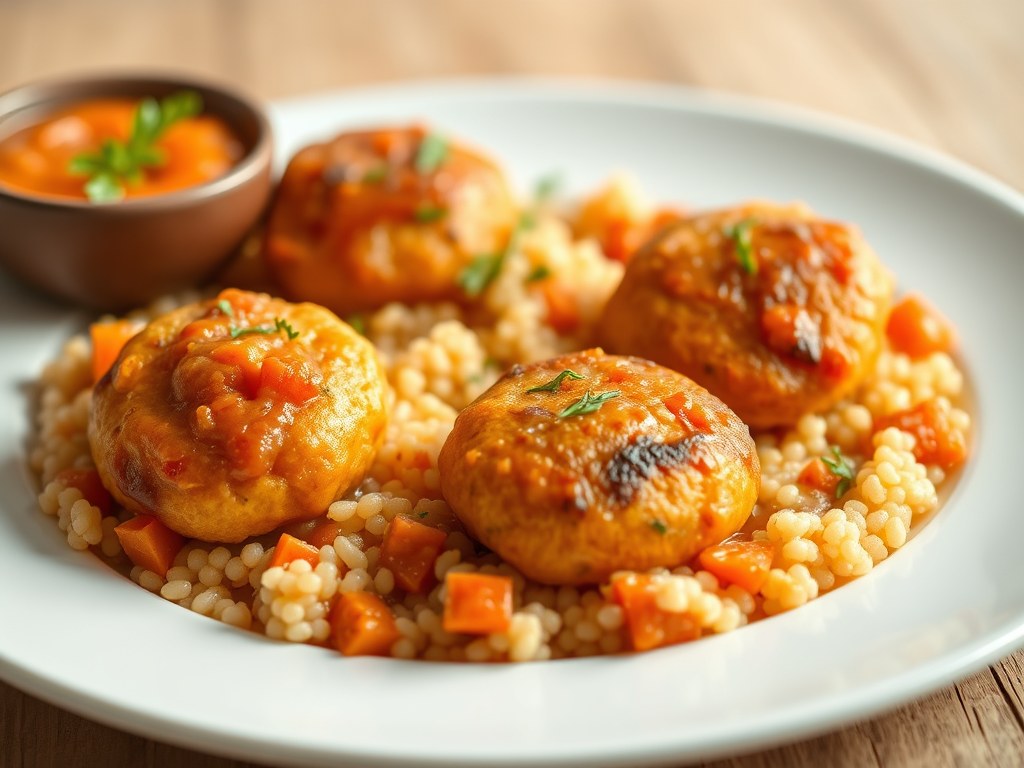 Lamskoteletjes in een tomaten-sinaasappelsaus met couscous, AI-gegenereerde illustratie