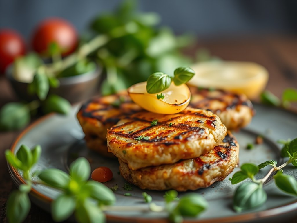 Lamskoteletjes in kruidenkorst met gegrilde venkel, AI-gegenereerde illustratie
