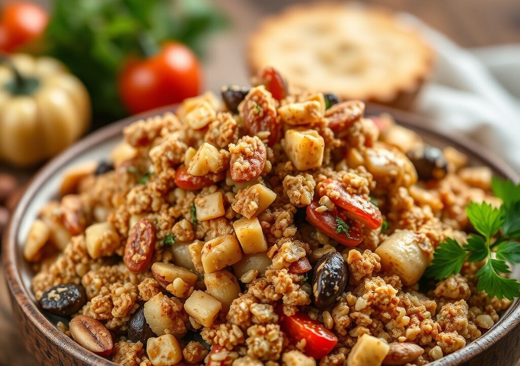 Lamskroon in een crumble van noten met groenten en muntkoekjes — AI-gegenereerde illustratie