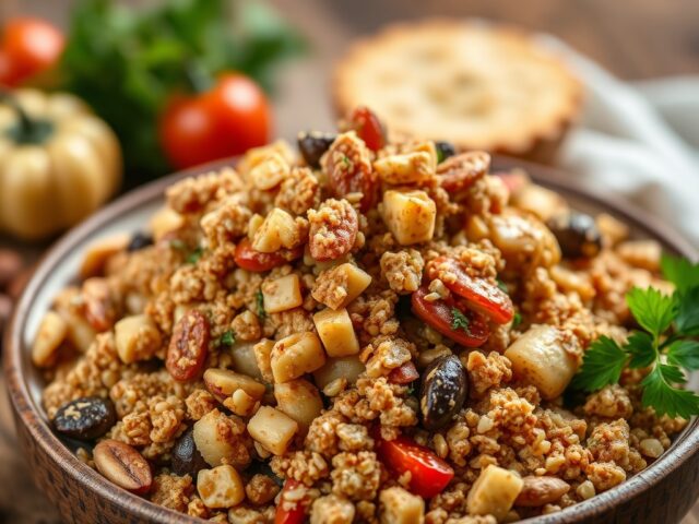 Lamskroon in een crumble van noten met groenten en muntkoekjes — AI-gegenereerde illustratie