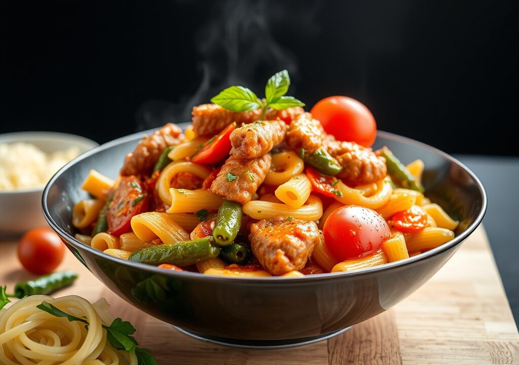Lamsschotel met pasta en tomaat — AI-gegenereerde illustratie