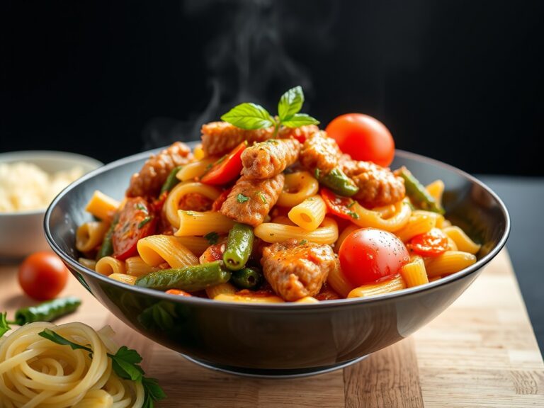 Lamsschotel met pasta en tomaat — AI-gegenereerde illustratie