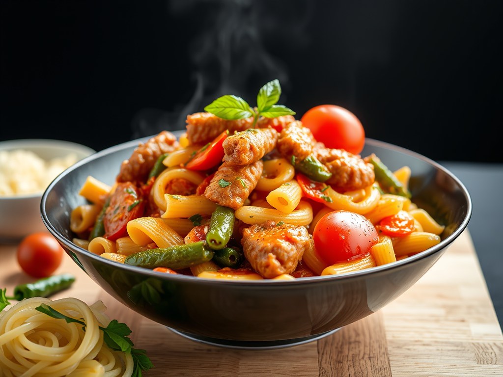Lamsschotel met pasta en tomaat, AI-gegenereerde illustratie