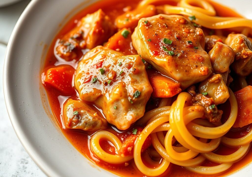 Lamsvlees in een Rode Wijn & Knoflooksaus met Pompoen en Pasta, AI-gegenereerde illustratie