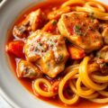Lamsvlees in een Rode Wijn & Knoflooksaus met Pompoen en Pasta