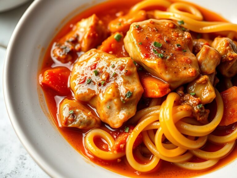 Lamsvlees in een Rode Wijn & Knoflooksaus met Pompoen en Pasta — AI-gegenereerde illustratie