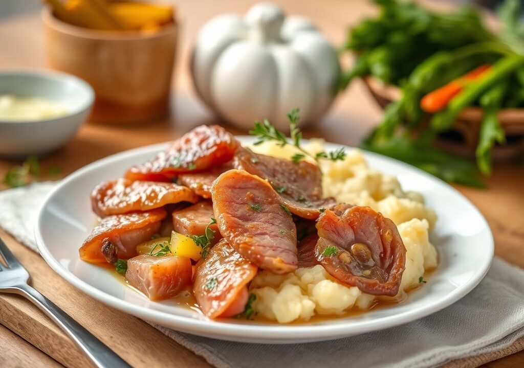 Lamsvlees met lentegroentjes en aardappelpuree, AI-gegenereerde illustratie