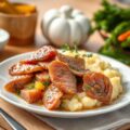 Lamsvlees met lentegroentjes en aardappelpuree