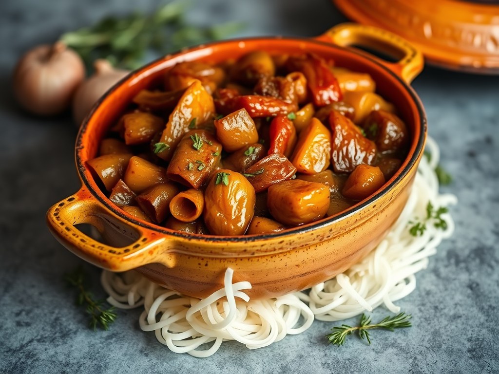 Lamsvlees Tajine met Abrikozen IV, AI-gegenereerde illustratie
