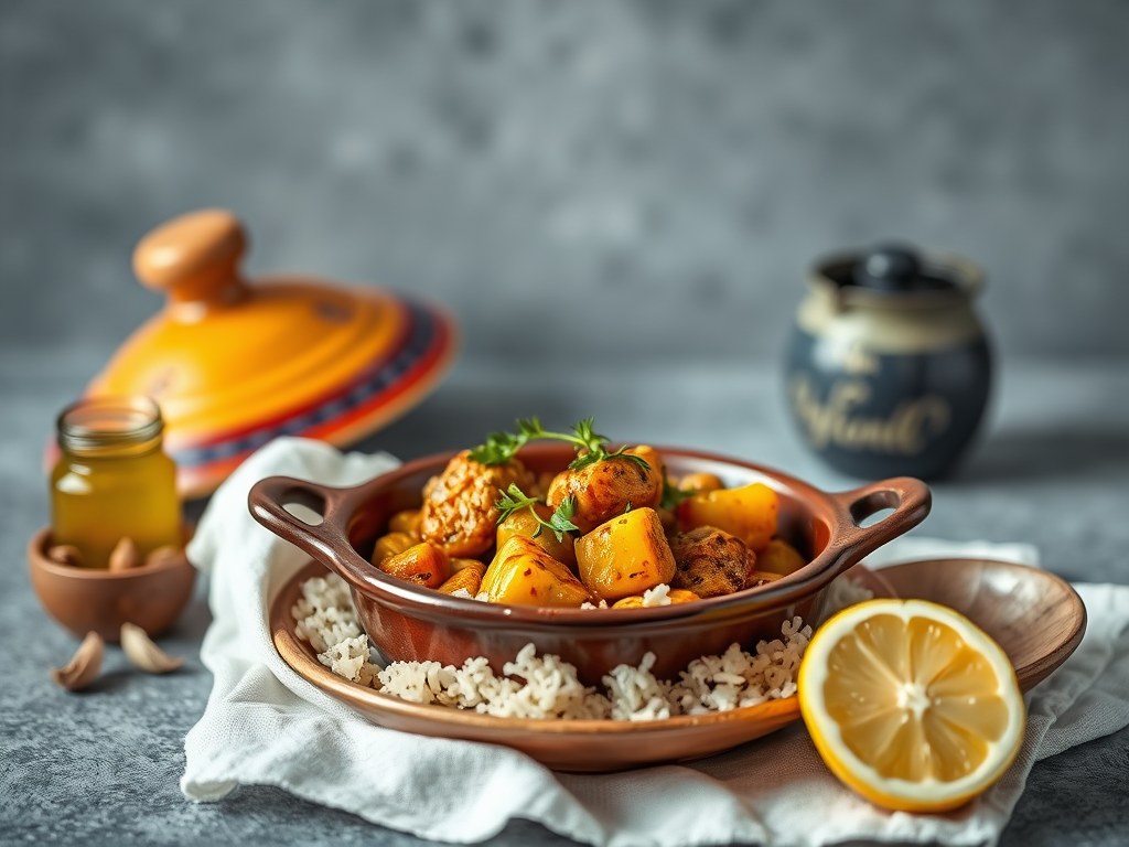 Lamsvlees Tajine met Saffraan, AI-gegenereerde illustratie