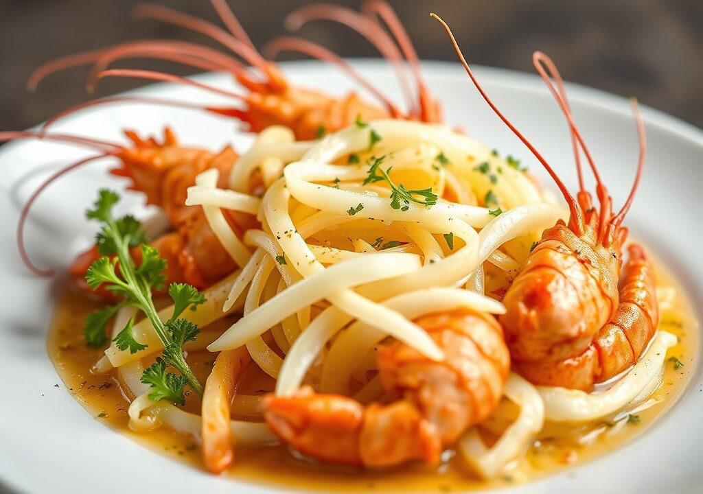 Langoustines met gemarineerde wittekool — AI-gegenereerde illustratie
