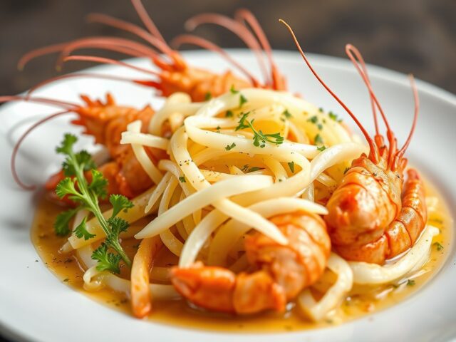 Langoustines met gemarineerde wittekool — AI-gegenereerde illustratie