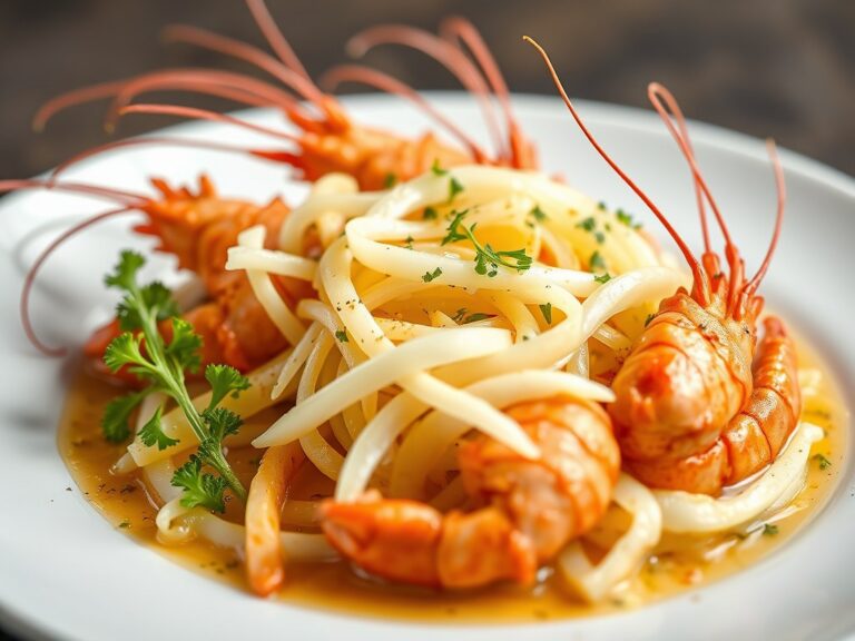 Langoustines met gemarineerde wittekool — AI-gegenereerde illustratie