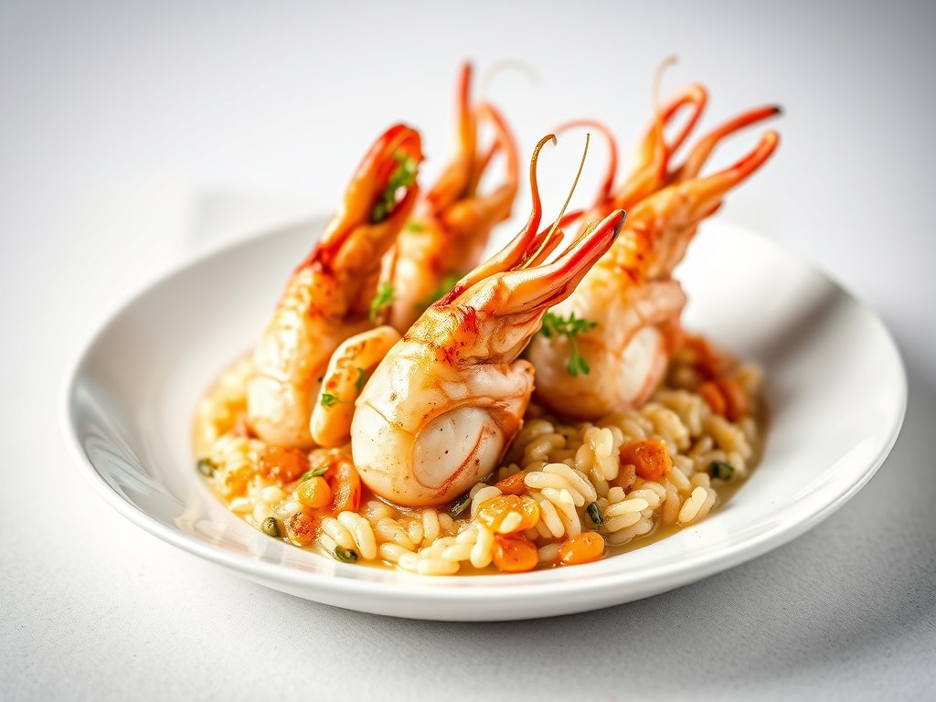 Langoustines met risotto en gekarameliseerd witloof, AI-gegenereerde illustratie