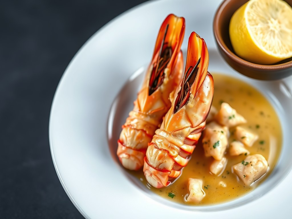 Langoustines met saus van Brugge goud, AI-gegenereerde illustratie