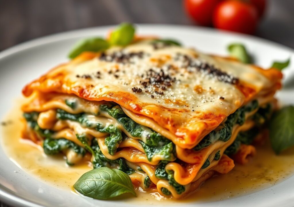 Lasagna met spinazie en kip — AI-gegenereerde illustratie