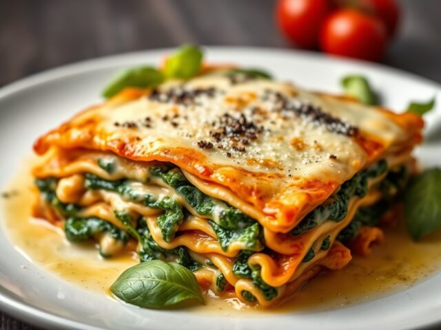 Lasagna met spinazie en kip — AI-gegenereerde illustratie