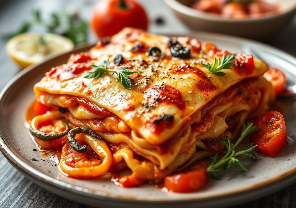 Lasagna met zuurkool en zalm — AI-gegenereerde illustratie