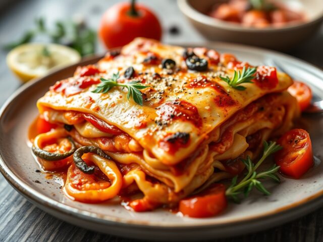 Lasagna met zuurkool en zalm — AI-gegenereerde illustratie