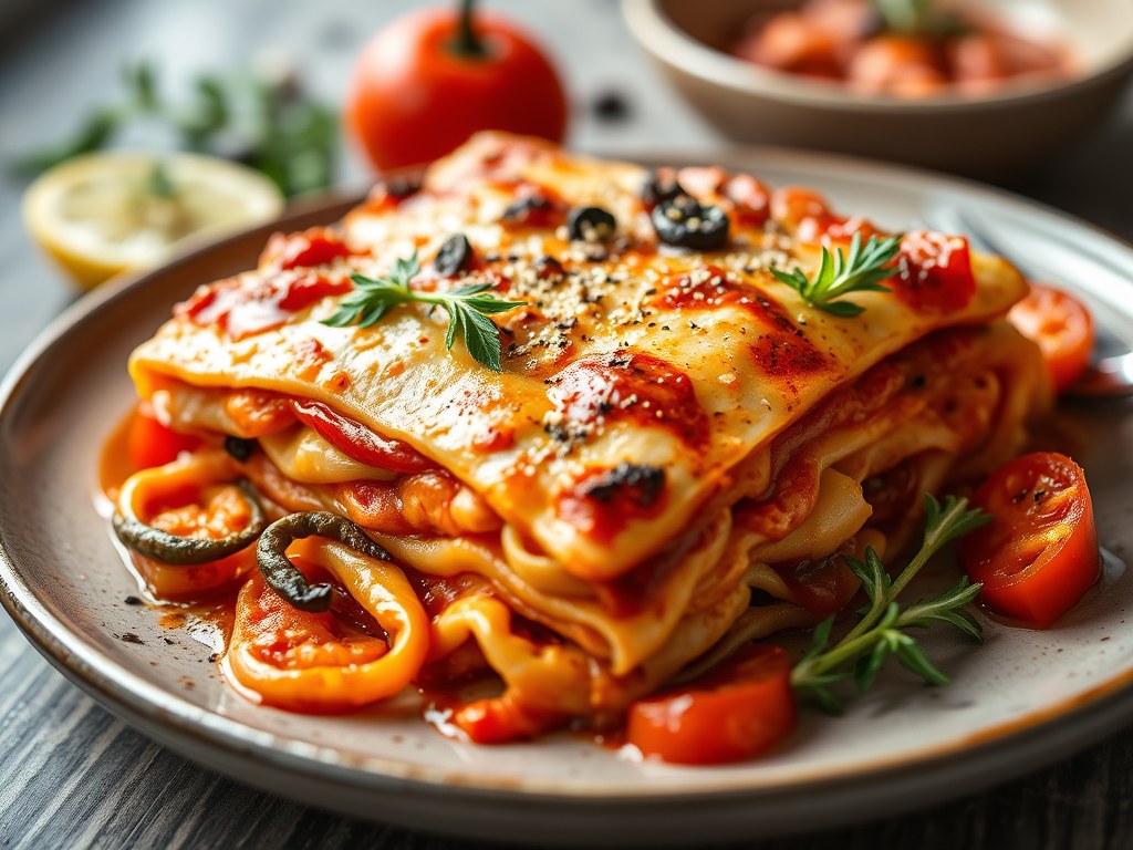 Lasagna met zuurkool en zalm, AI-gegenereerde illustratie