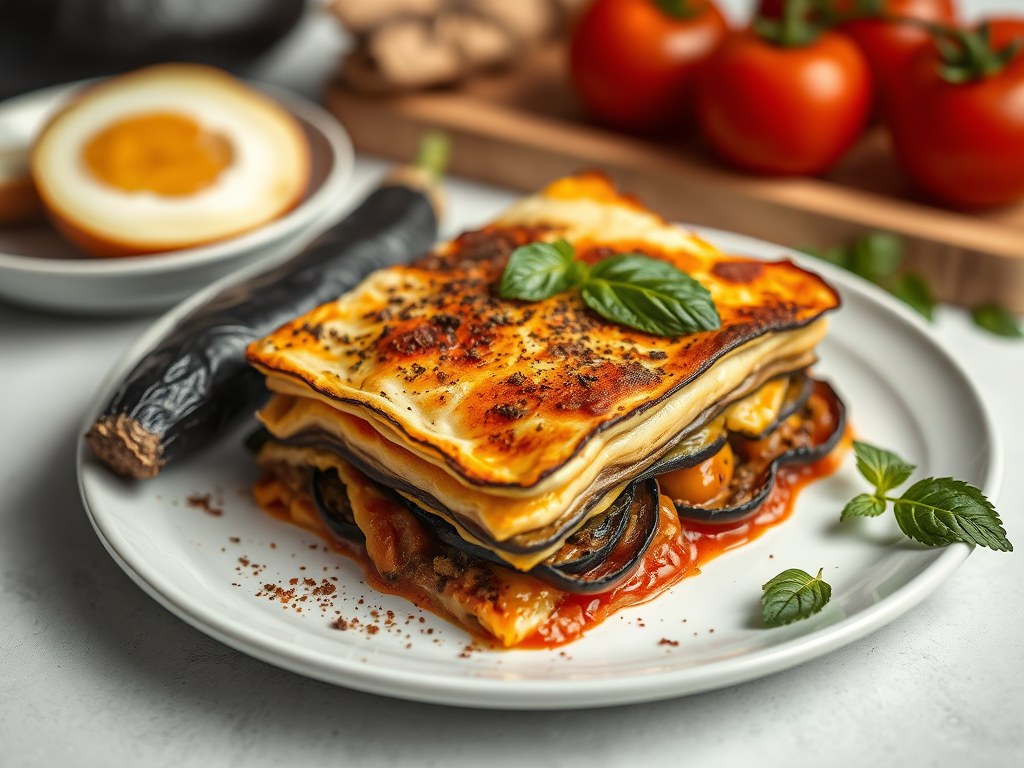 Lasagne met aubergines, AI-gegenereerde illustratie