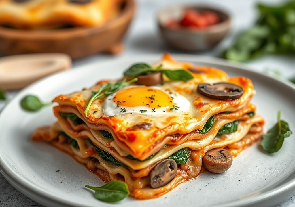Lasagne met champignons, spinazie en ei/ham — AI-gegenereerde illustratie
