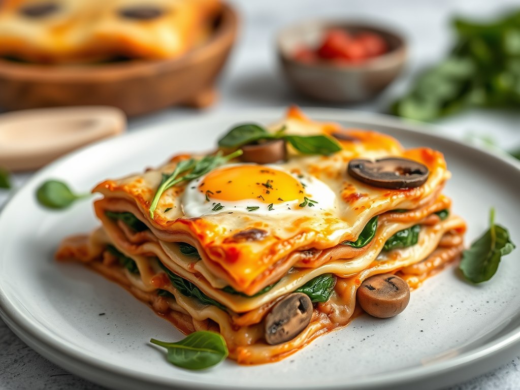 Lasagne met champignons, spinazie en ei/ham, AI-gegenereerde illustratie