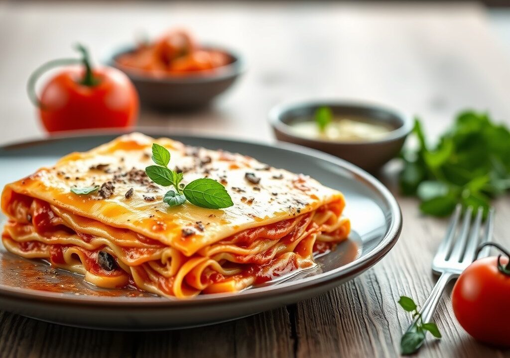 Lasagne met kabeljauw en olijventapenade, AI-gegenereerde illustratie