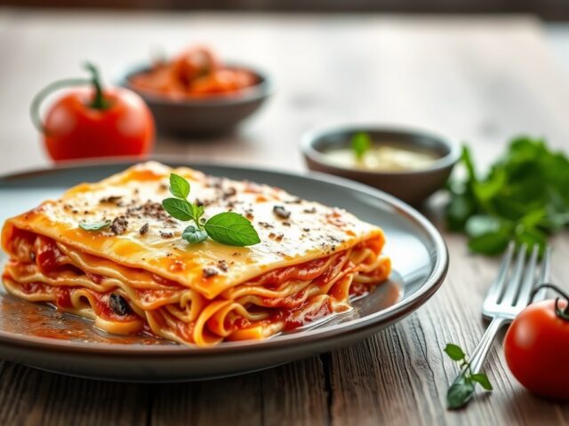 Lasagne met kabeljauw en olijventapenade — AI-gegenereerde illustratie